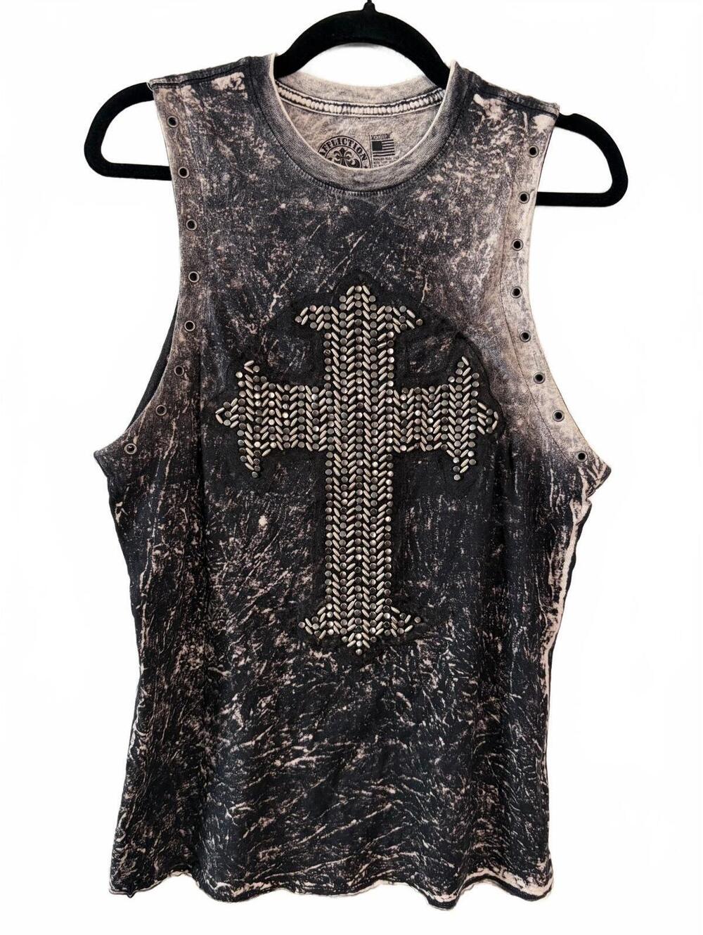 Affliction Live Fast Men’s Tank Top Size M Gray Studded Cross Acid Wash